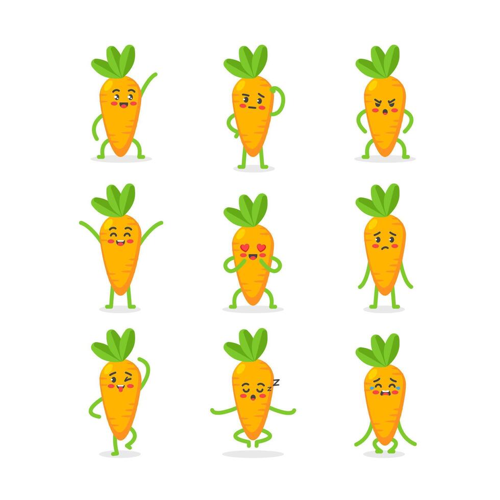 Cute set of carrot mascot in different poses in flat style. Motion and emotion animation. Cheerful, thoughtful, angry, happy, in love, sad, crazy, sleepy, crying vector