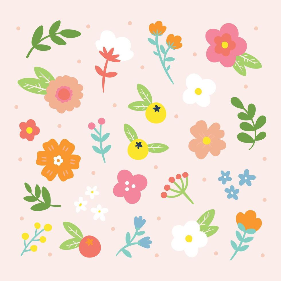 Collection of spring colorful flower elements . Set floral of wildflower, leaf branch. Hand drawn blossom illustration for decor, easter, thanksgiving, clipart. vector