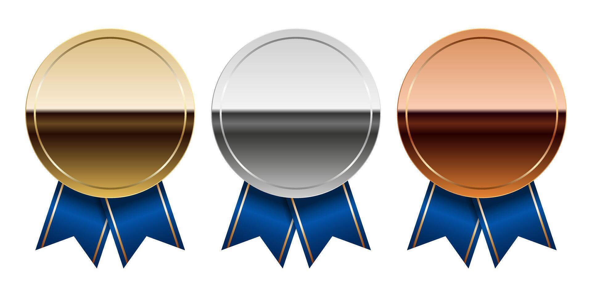 Golden silver and bronze glossy medal with blue ribbons for sport and games vector