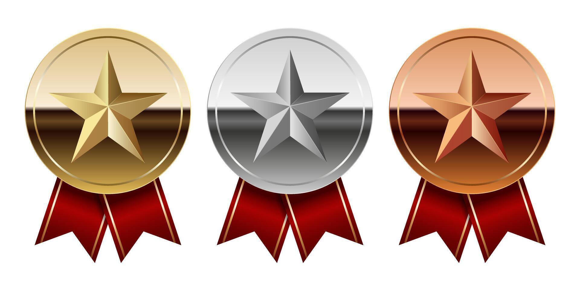 Golden silver and bronze glossy mirror medal with red ribbons and star vector