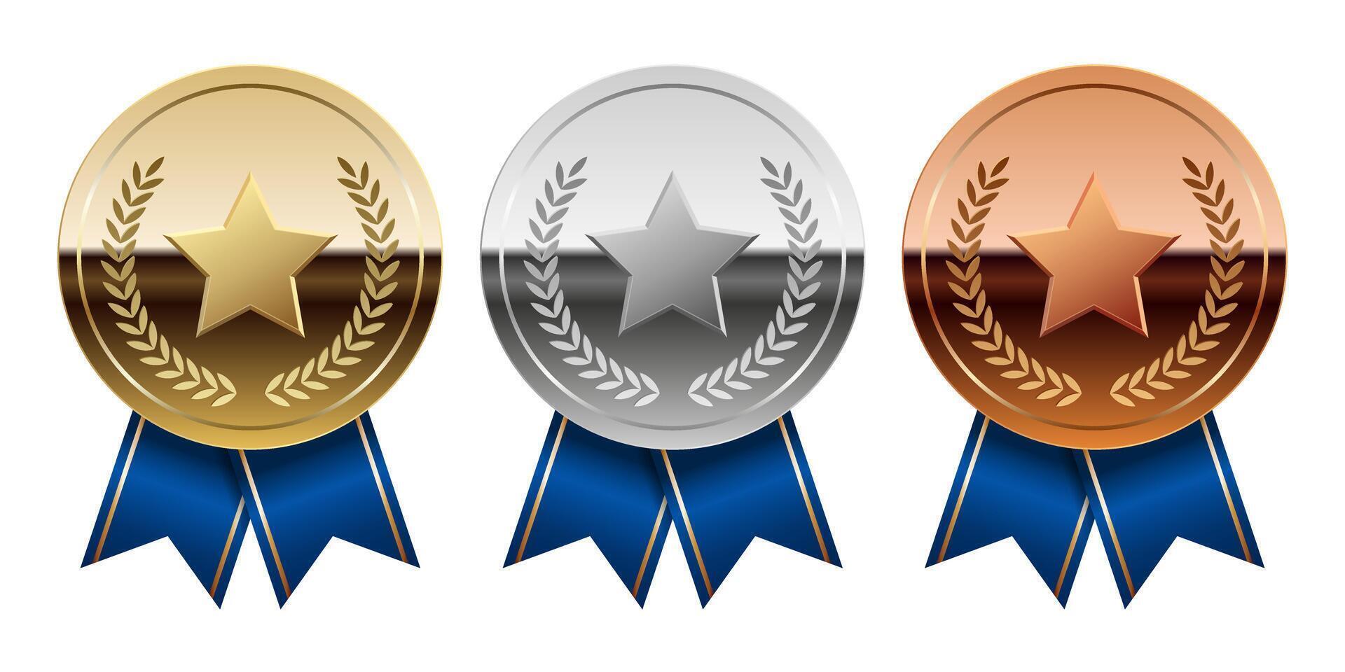 Set of Golden silver and bronze glossy mirror medal with blue ribbons and star for sport and games vector