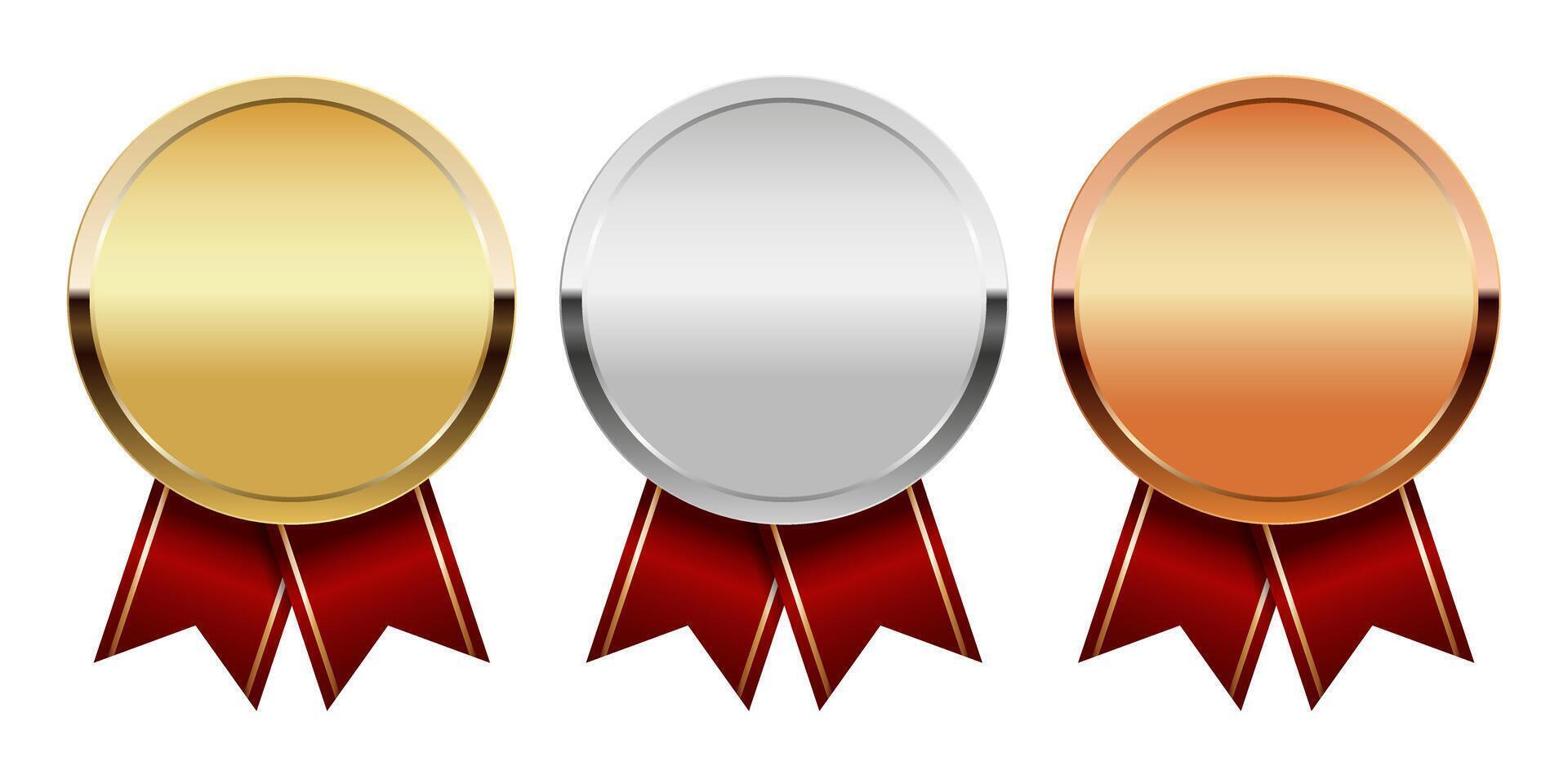 Set of Golden silver and bronze award medal with red ribbons vector