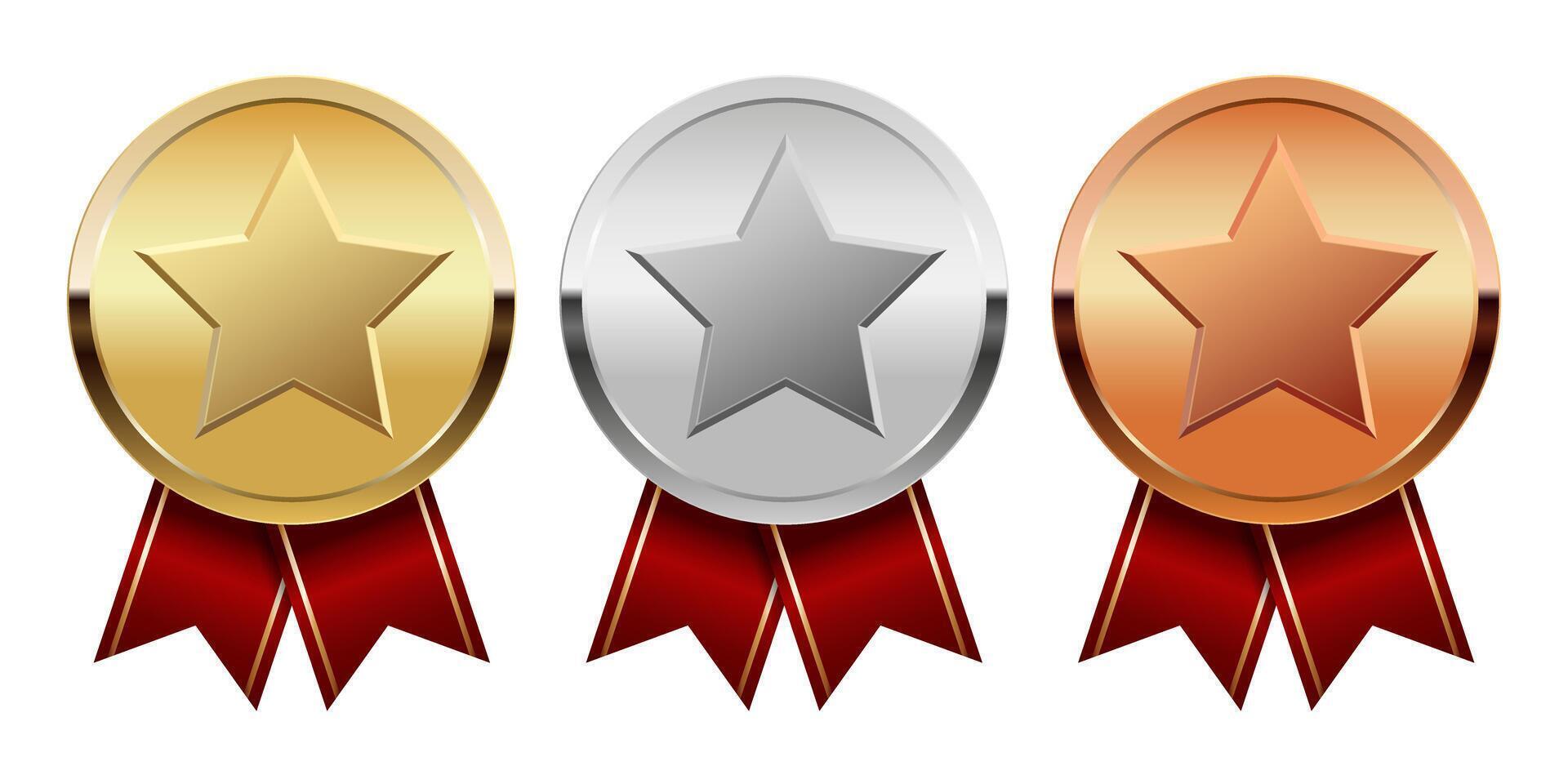 Set of Golden silver and bronze medal with red ribbons and star for sport and games vector