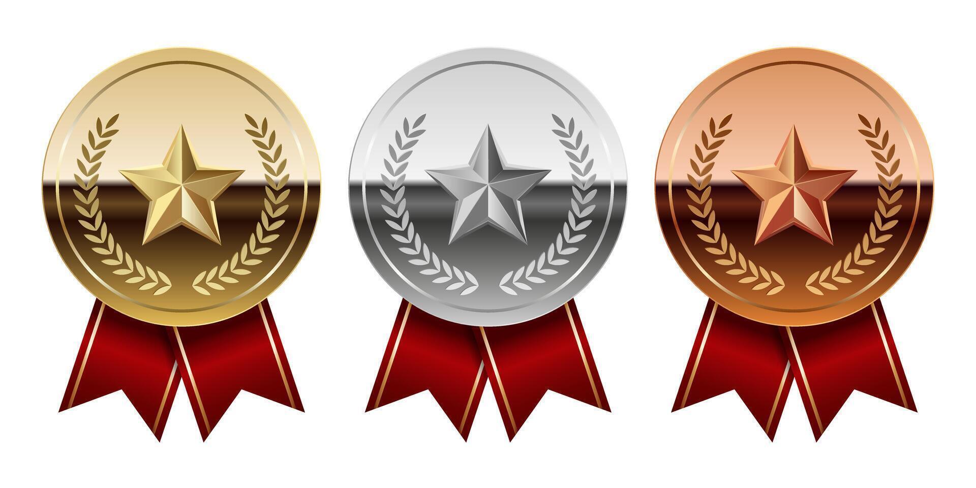 Golden silver and bronze glossy mirror medal with red ribbons vector