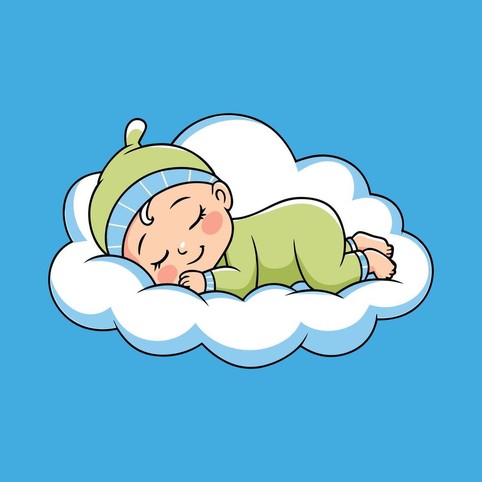 Baby Sleeping On Cloud Pillow With green dress Cartoon Icon Illustration vector