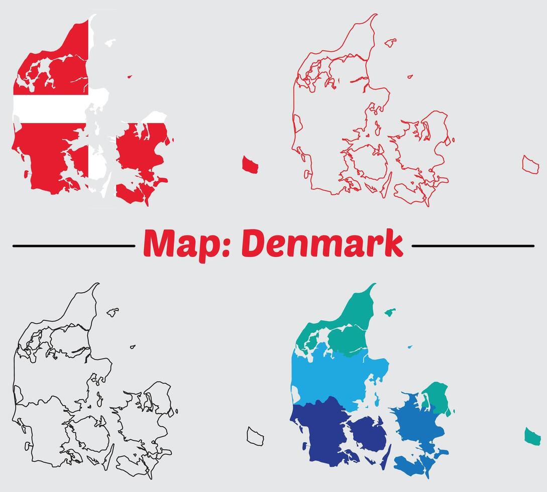 Denmark map set. High detailed outline, blue silhouette and administrative divisions map of Denmark vector