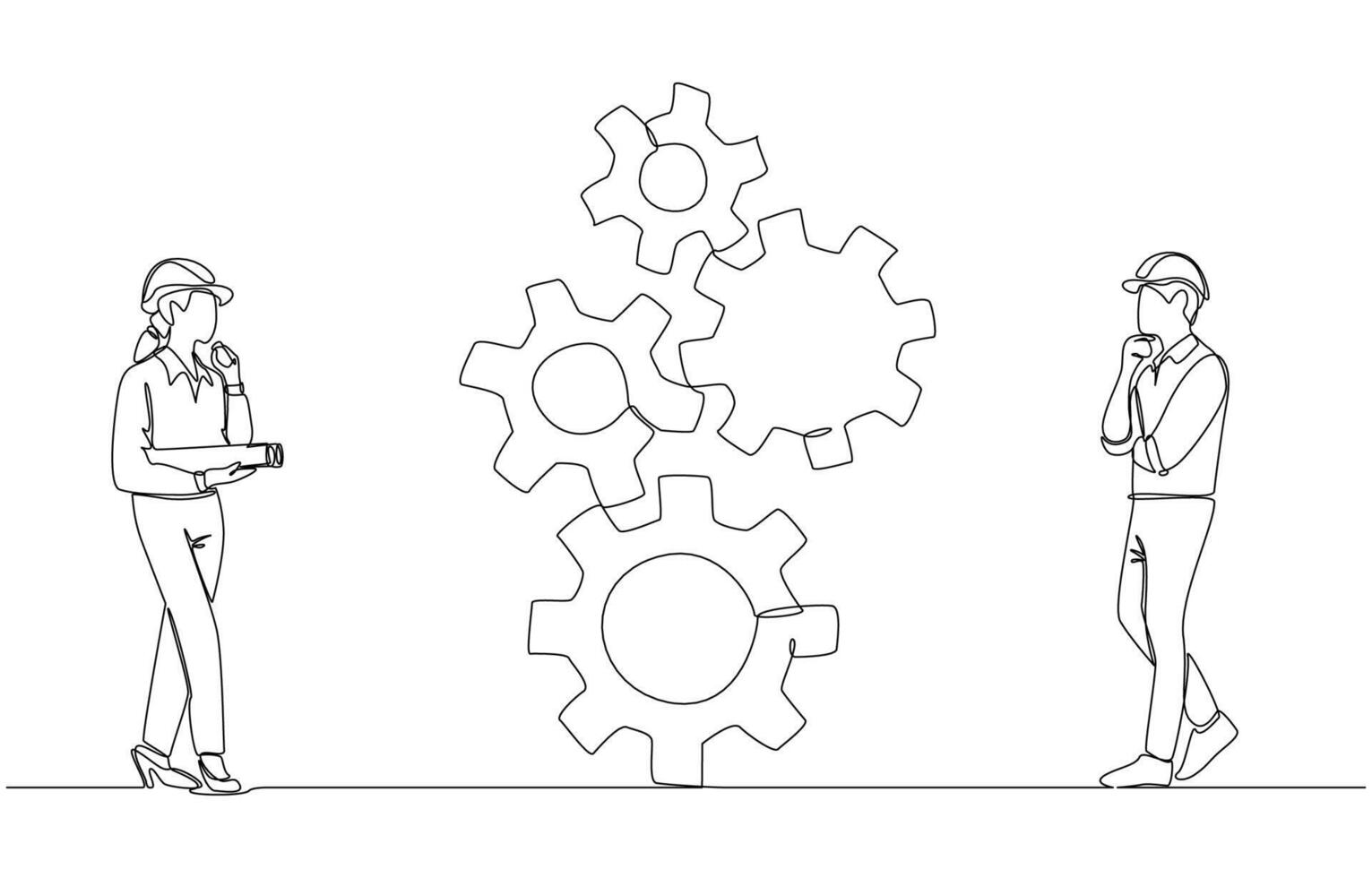 Continuous one line drawing of two young engineers looking at gear mechanism and thinking, inspection of engineering mechanism in industry concept, single line art vector