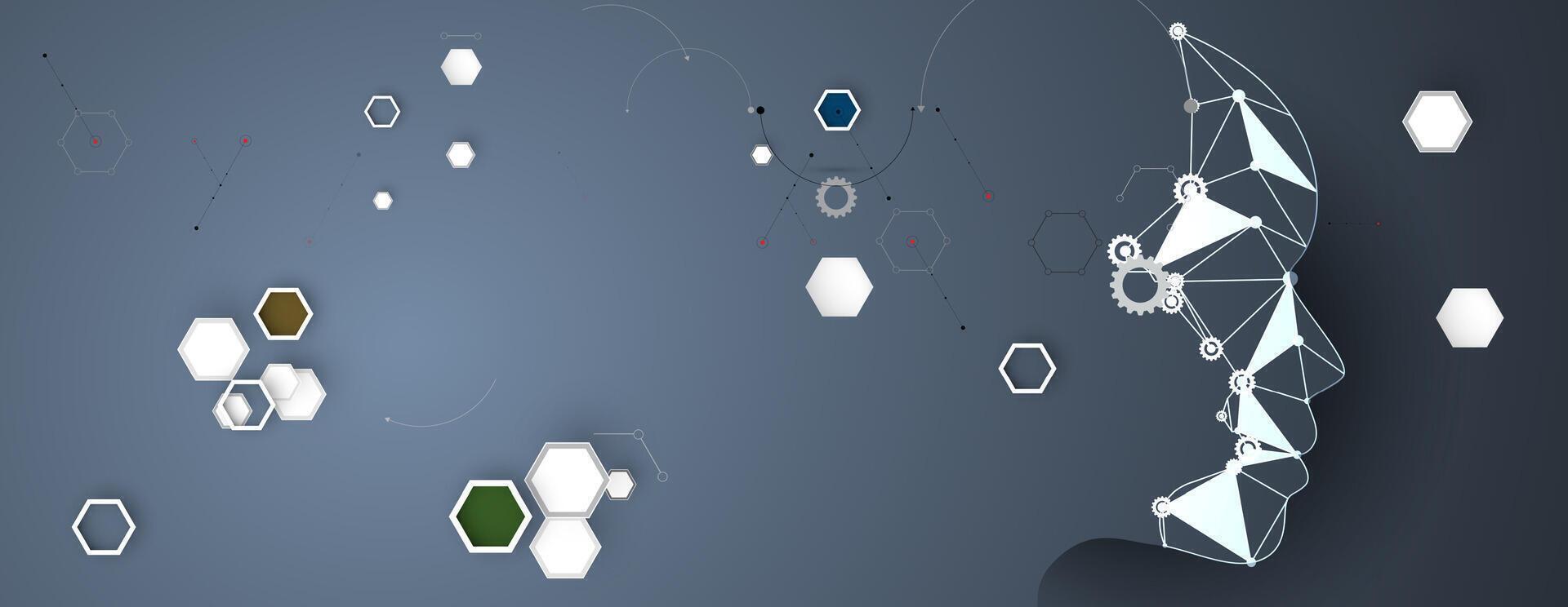 A computer screen with a person's head and a network of hexagons vector