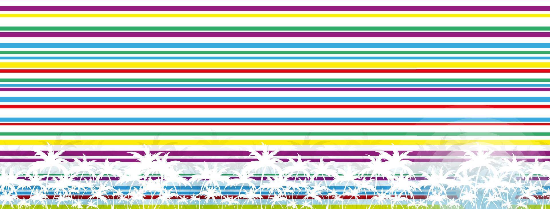 A colorful striped background with a tree and grass vector