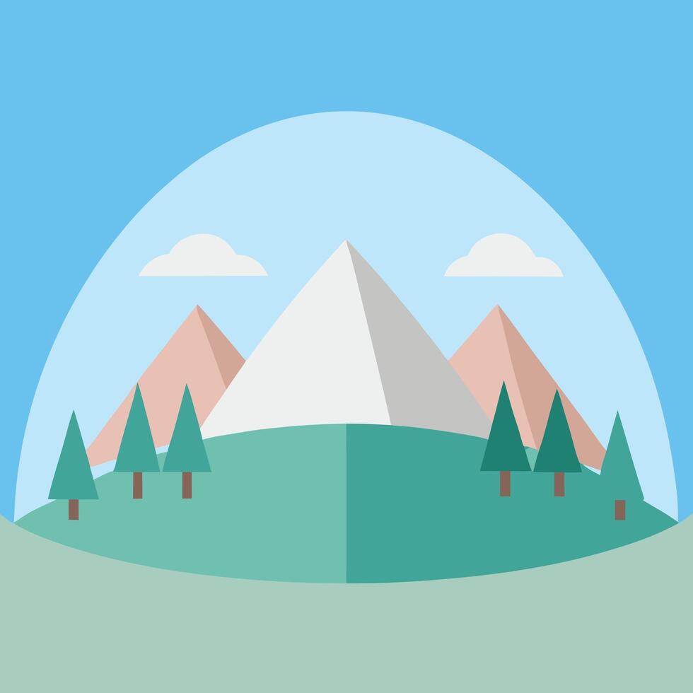 a serene flat design of dome mountains with pink, sky, green color vector