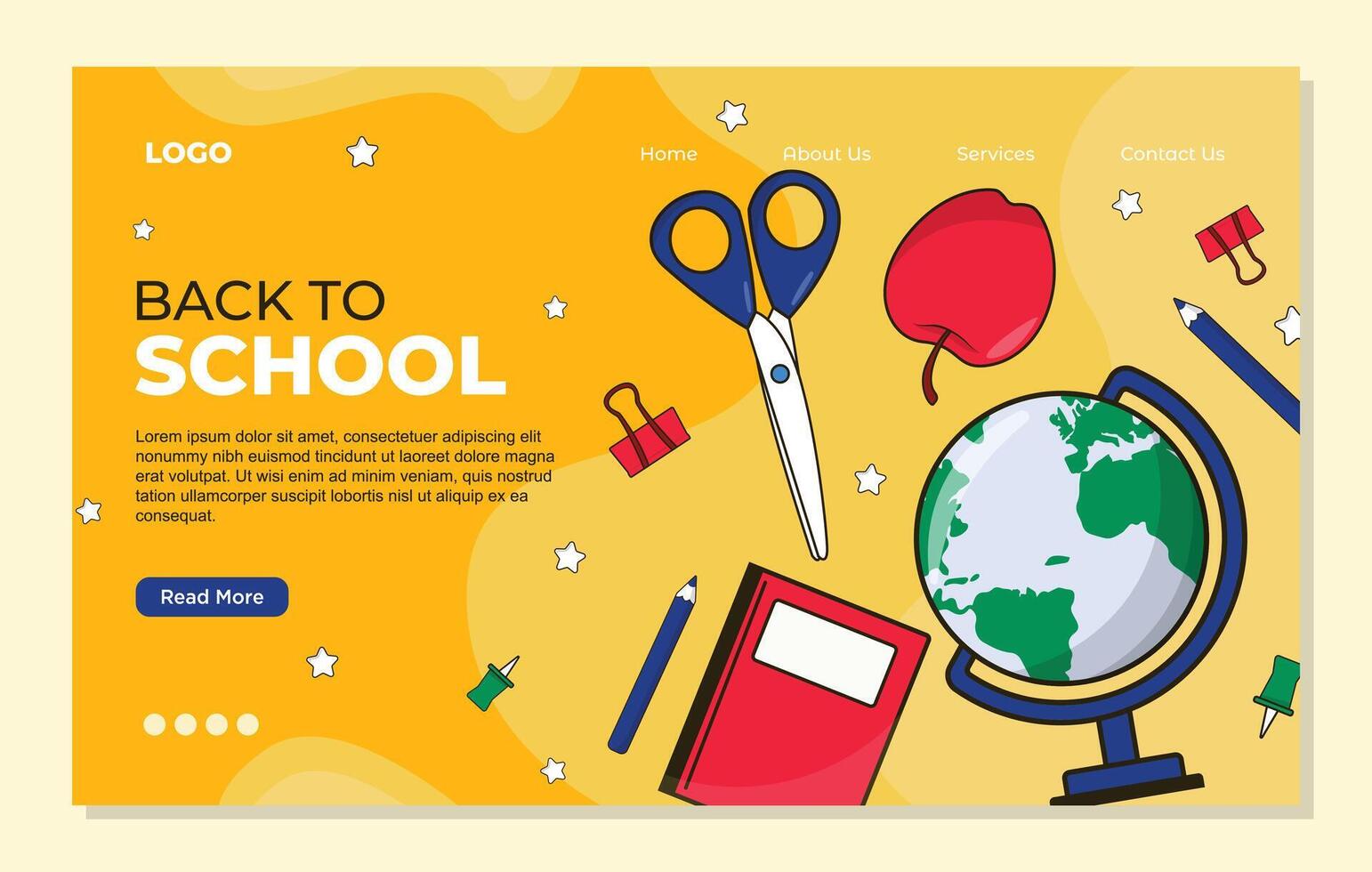 Back to school landing page template sale banner poster with stationery and globe. illustration. vector