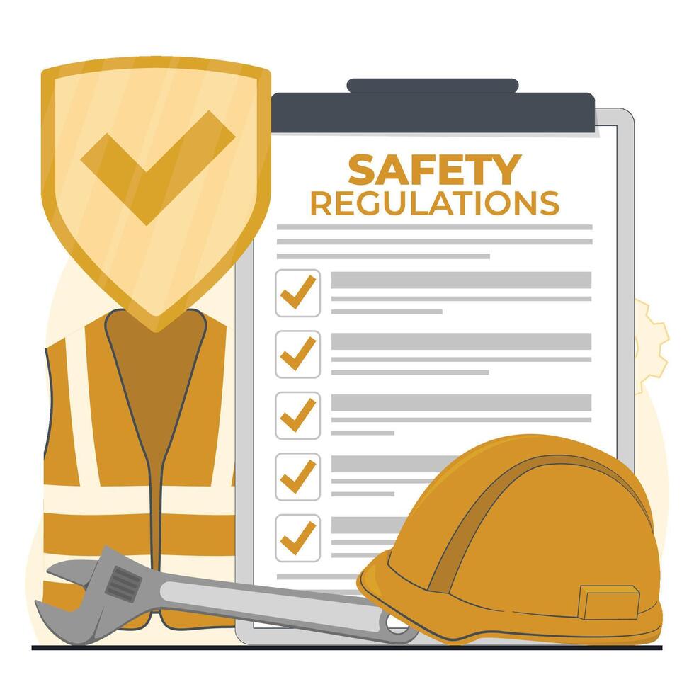 Safety regulation document and safety helmet. illustration in flat style. vector