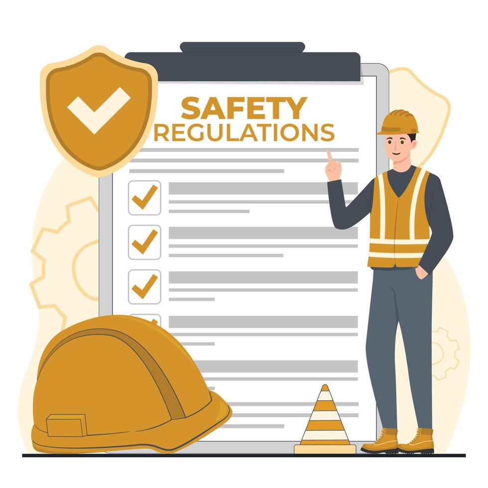 Safety regulations. Construction worker with safety helmet and checklist. illustration vector