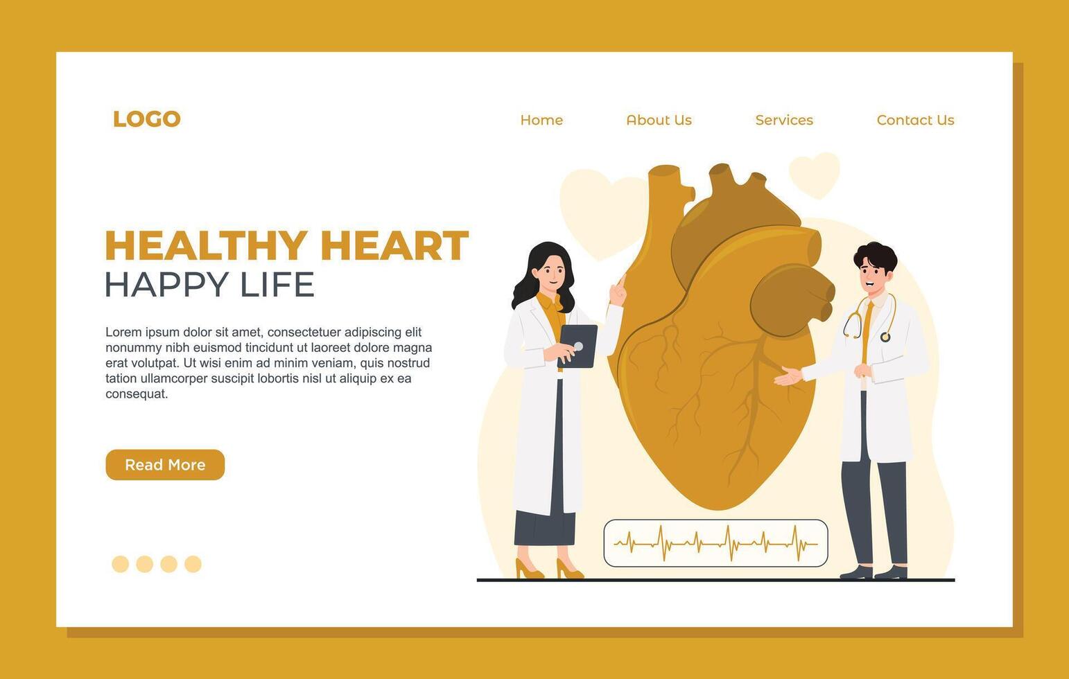 Cardiology concept landing page template Doctor and patient. Heart check up illustration in flat style. vector