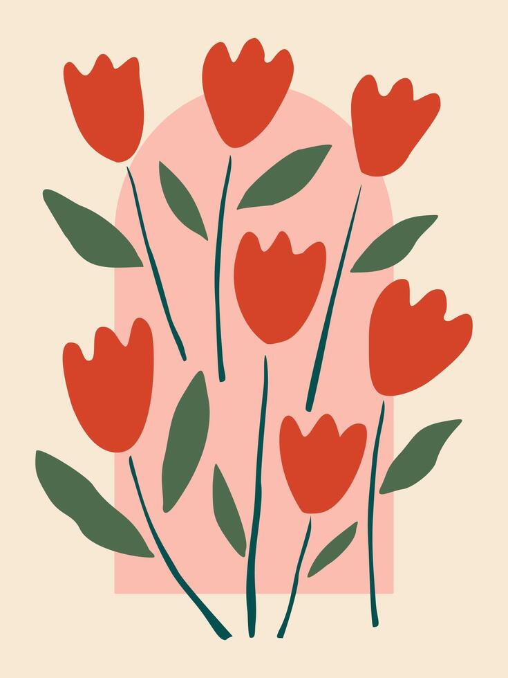 Neutral wall art, boho line art drawing with abstract shape plant, minimalist and natural vector