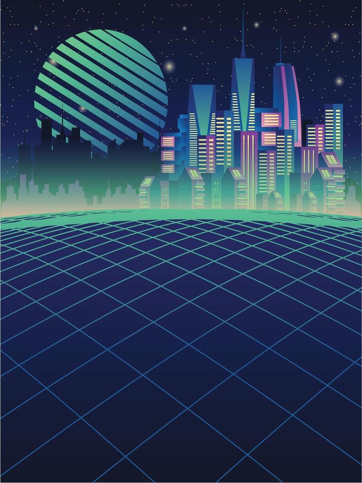 vaporwave retro future Sci-Fi 90s neon city landscape backgrond vector