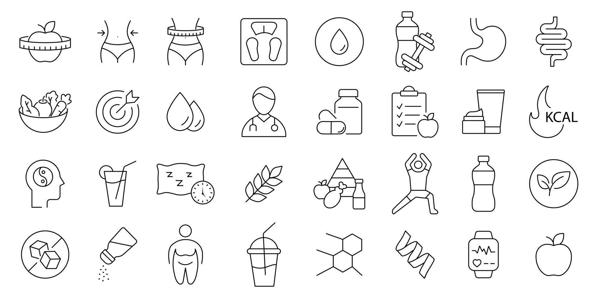 Weight loss icon set. containing Nutrition, healthy and organic, food, and more .editable stroke thin outline icon collection . vector