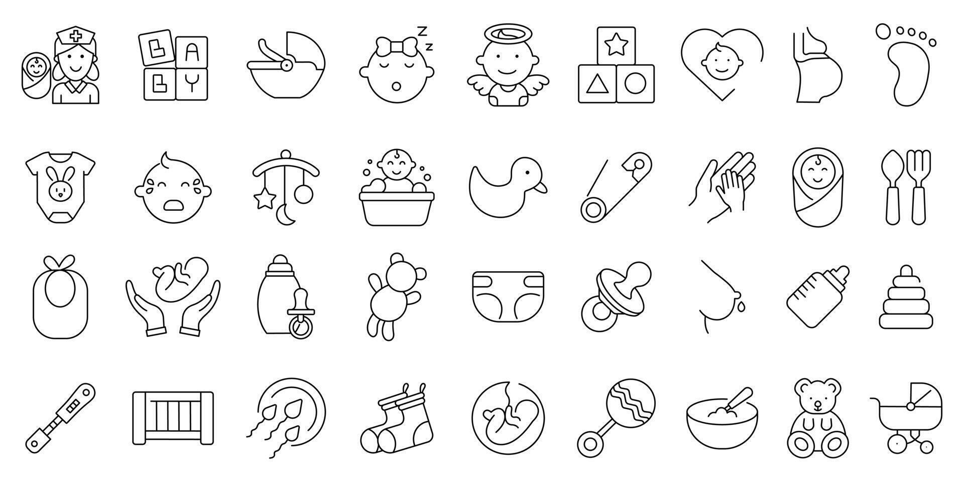Pregnancy and Baby care icon set. containing gift, baby, feeder, ball, diaper, lollypop, and more. editable stock thin outline icon collection . vector