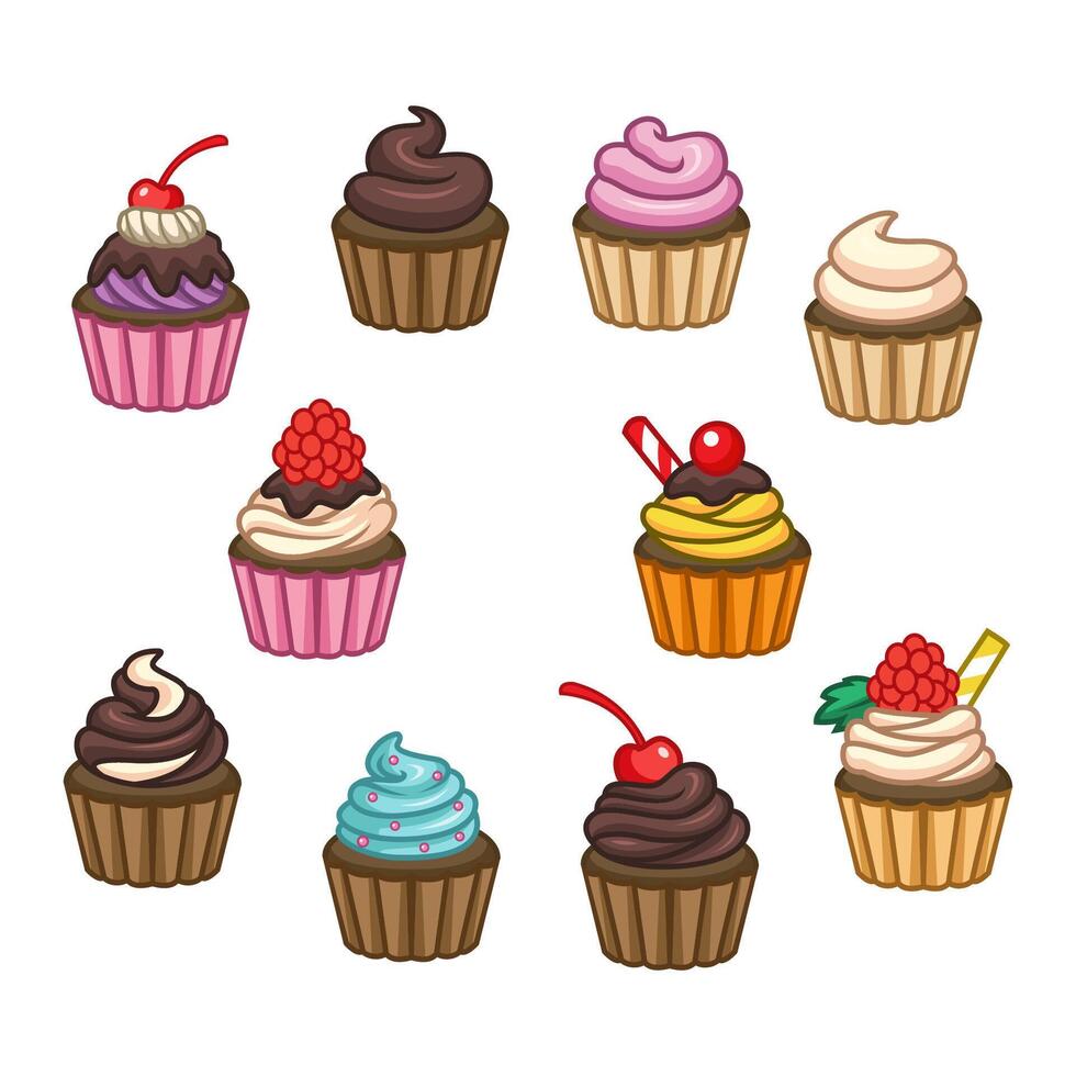 Set of cartoon cupcakes icons vector
