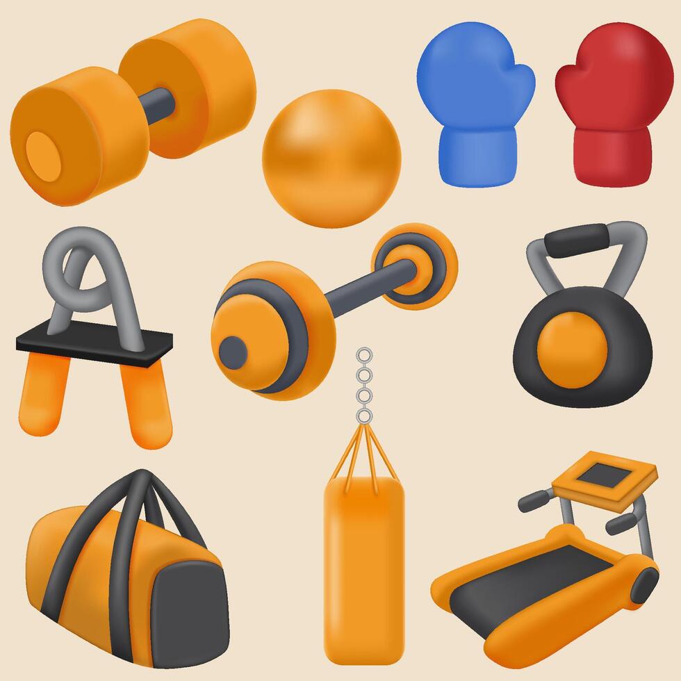 3D gym equipment elements set vector