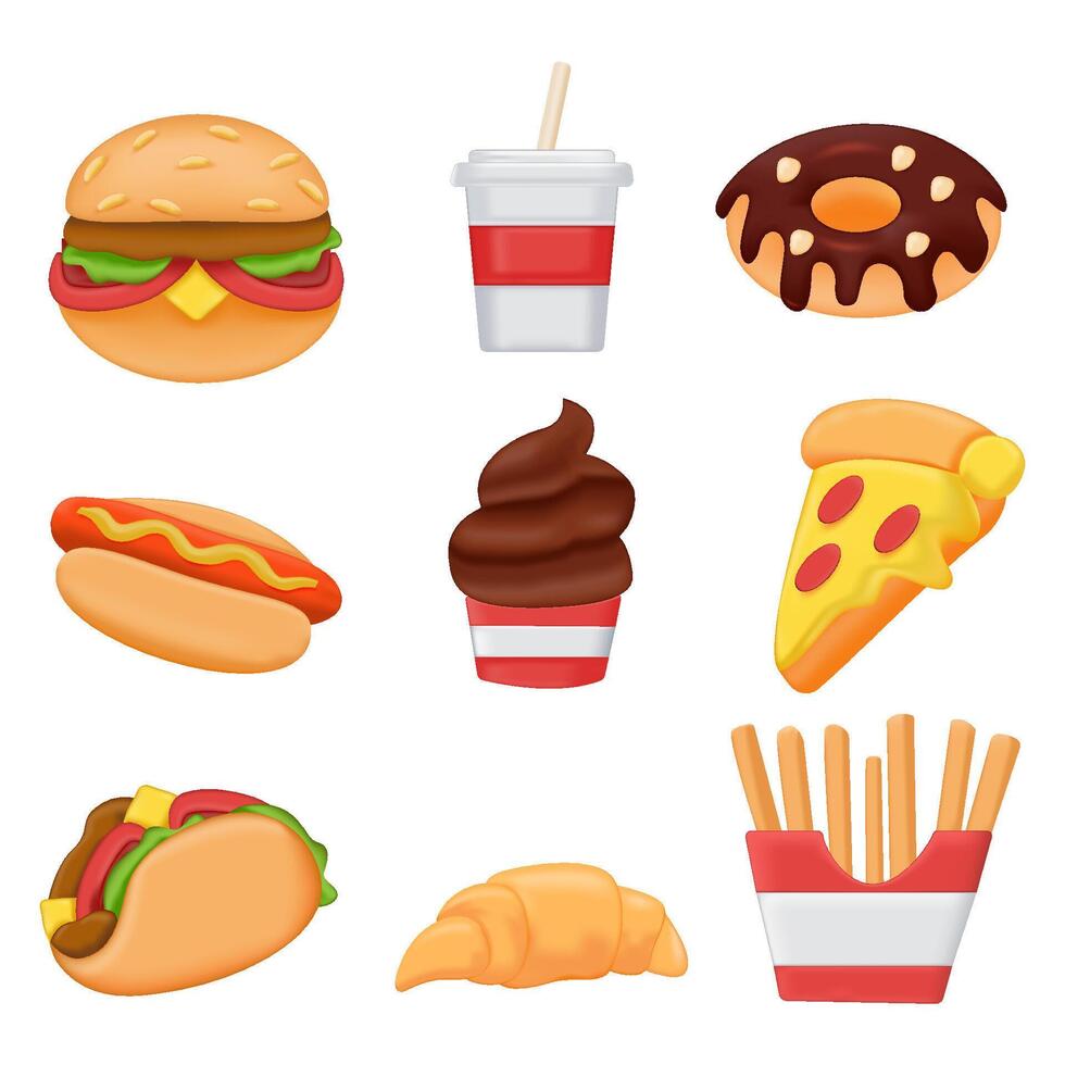 3D fast food icons set vector