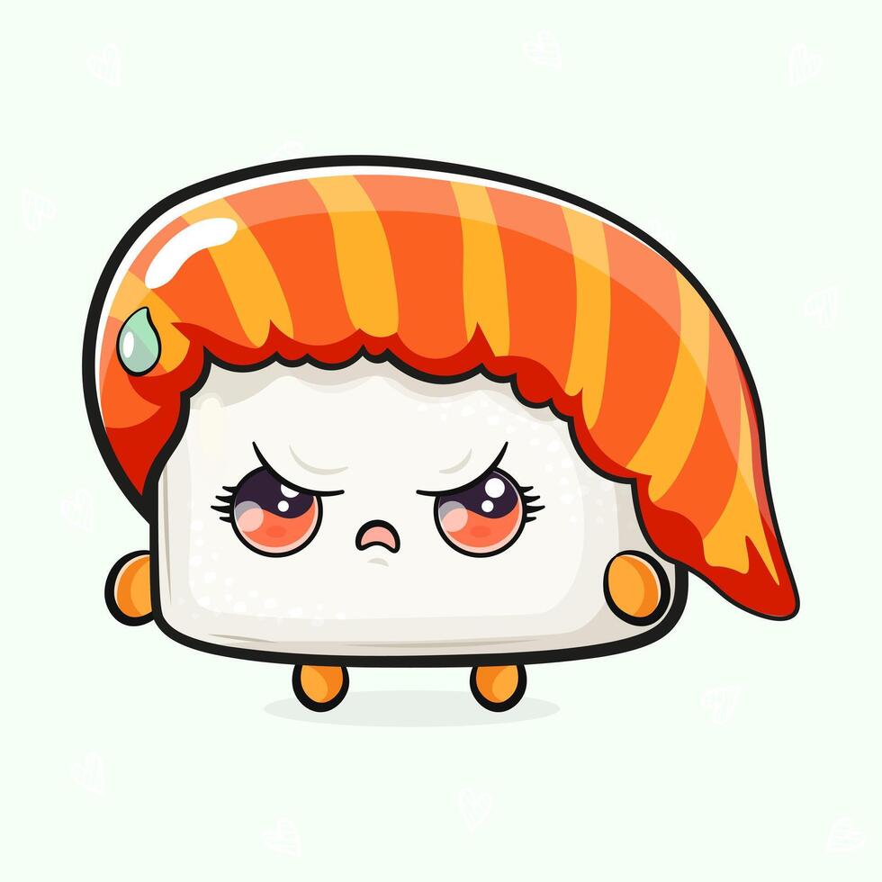 Cute angry Sushi character. hand drawn cartoon kawaii character illustration icon. Isolated on light green background. Sad Sushi character concept vector