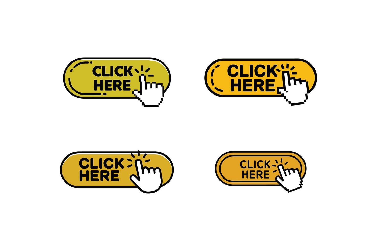 Set of Yellow Click Here Buttons with Hand Cursor Icon vector