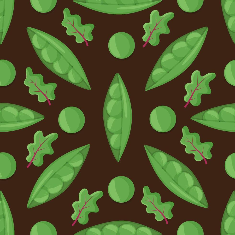 Super cute seamless pattern with Vegetables - tasty green Peas. Fresh Peas in cartoon style Hand drawn Smiley characters vector