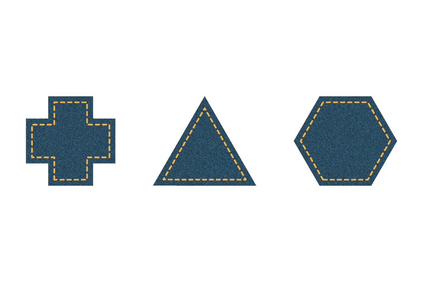 Set of blue denim patches cross triangle hexagon. Different shapes with place for your text isolated on white background vector