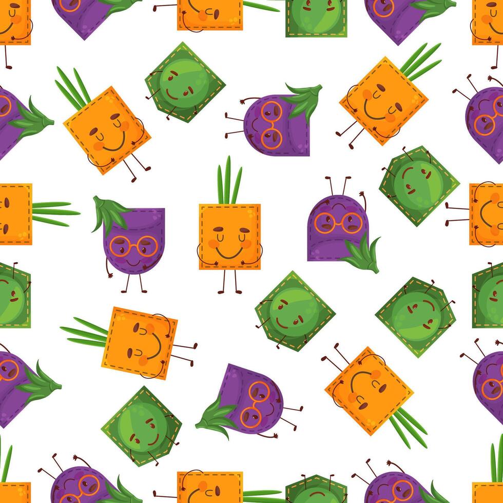 Pattern egglant peas onion shaped patch pocket. Character pocket egglant peas onion. Isolated on white background. vector
