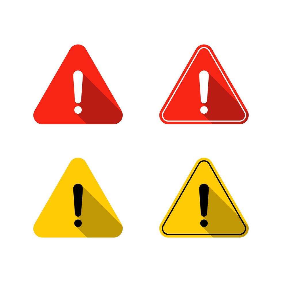 Alert warning, caution icon set with long shadow. Exclamation mark on triangle shape vector