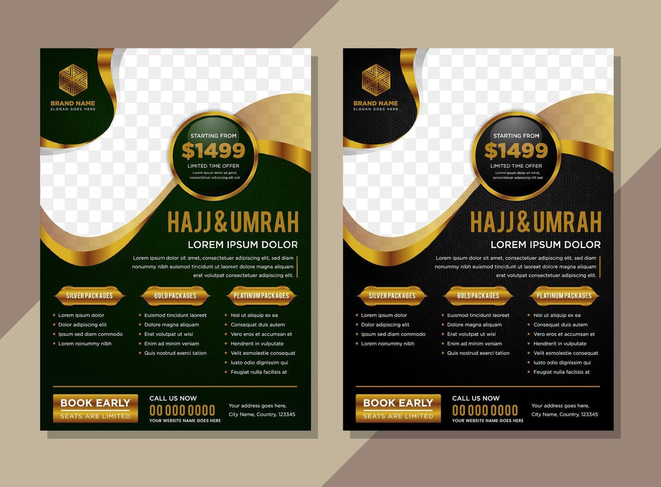 Modern Islamic black and green background design with gold element for hajj or Umrah flyer, brochure, banner template. transparency of hexagon triangle pattern vector
