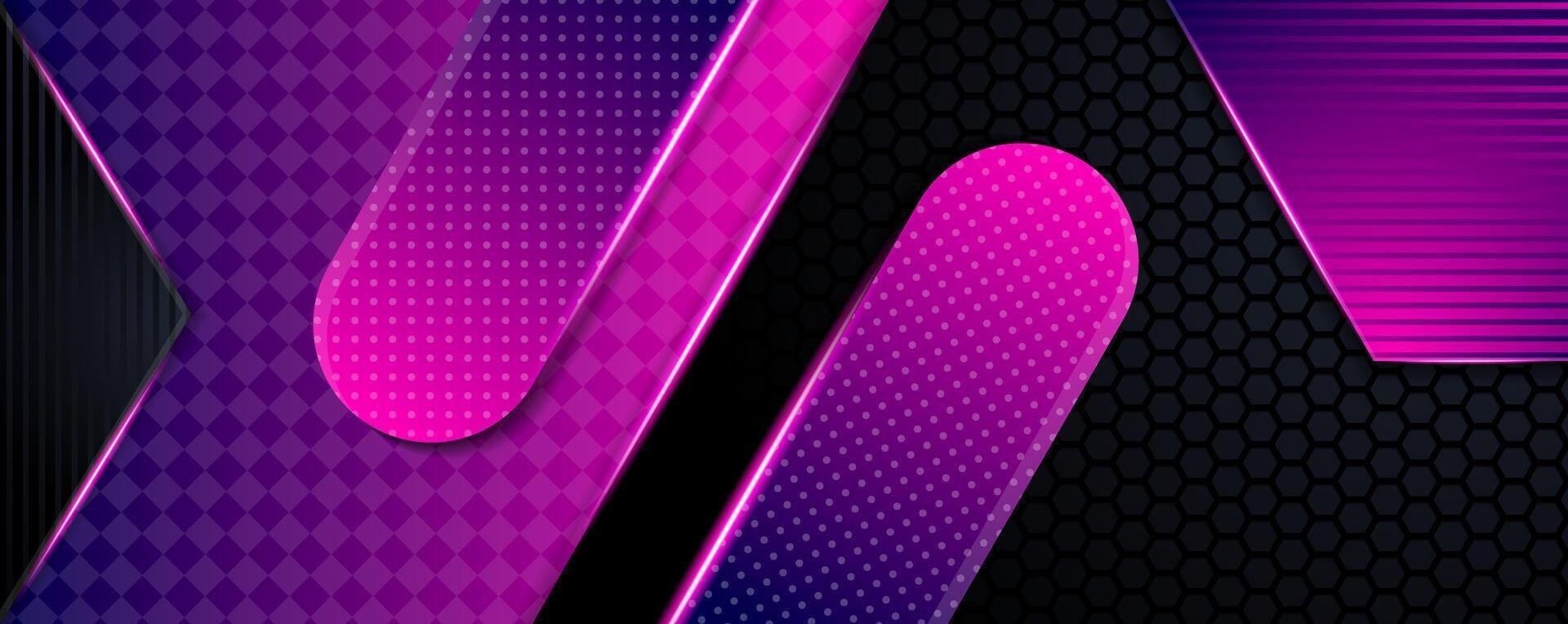 Futuristic Sci-Fi Abstract and gradient Purple - pink Neon Light Shapes On Black Background with Empty Space For Texts. transparency square, line, dot and hexagon pattern vector