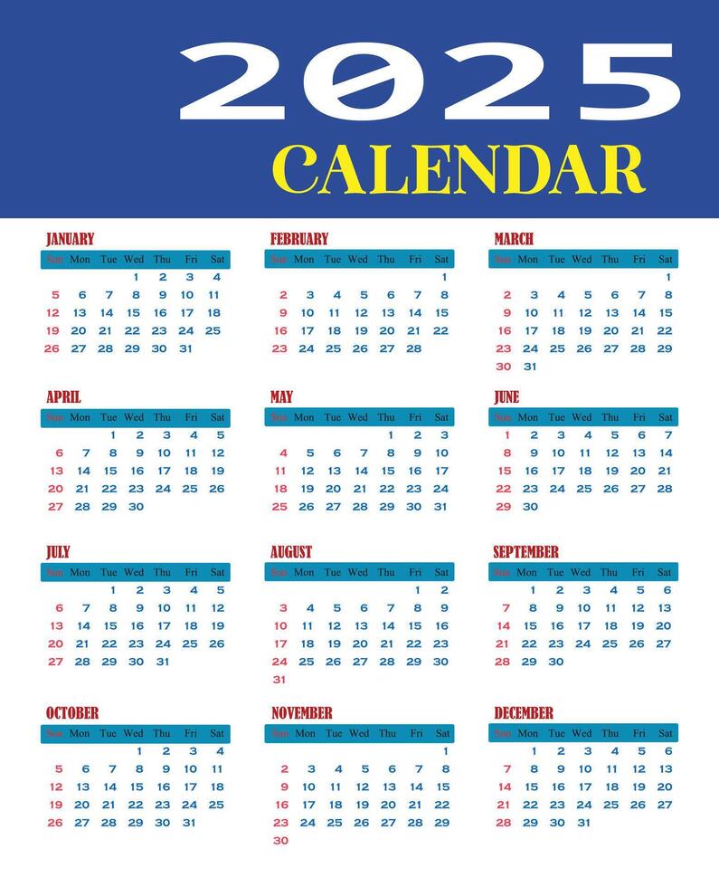 Simple new calendar 2025 monthly English calendar template for new year-2025 by illustrator vector