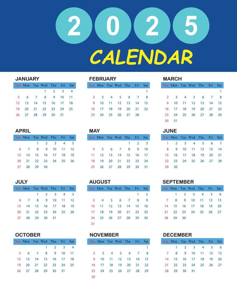 Simple calendar 2025 monthly English calendar template for new year event by illustrator vector