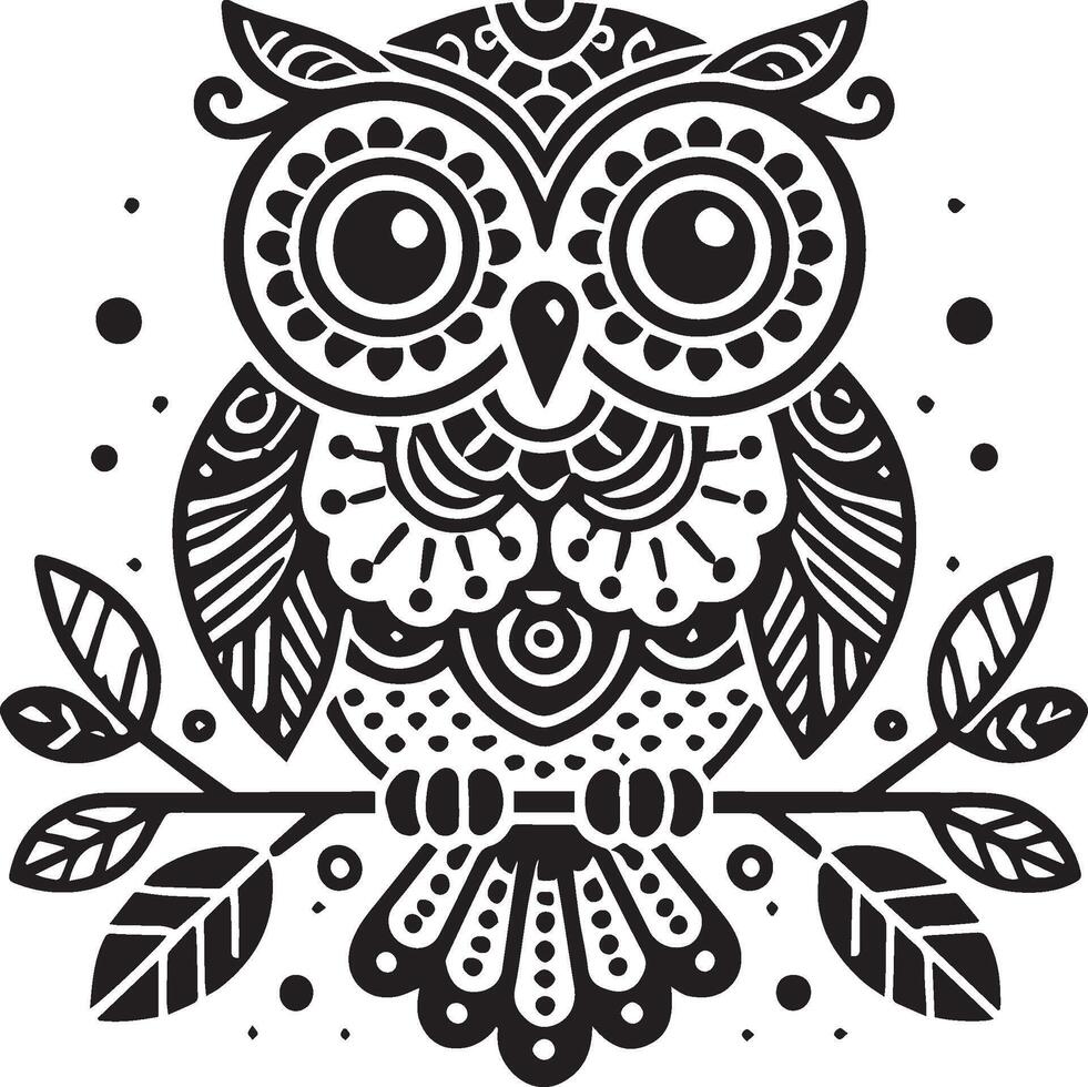 Black and white stylized owl perched on branch vector
