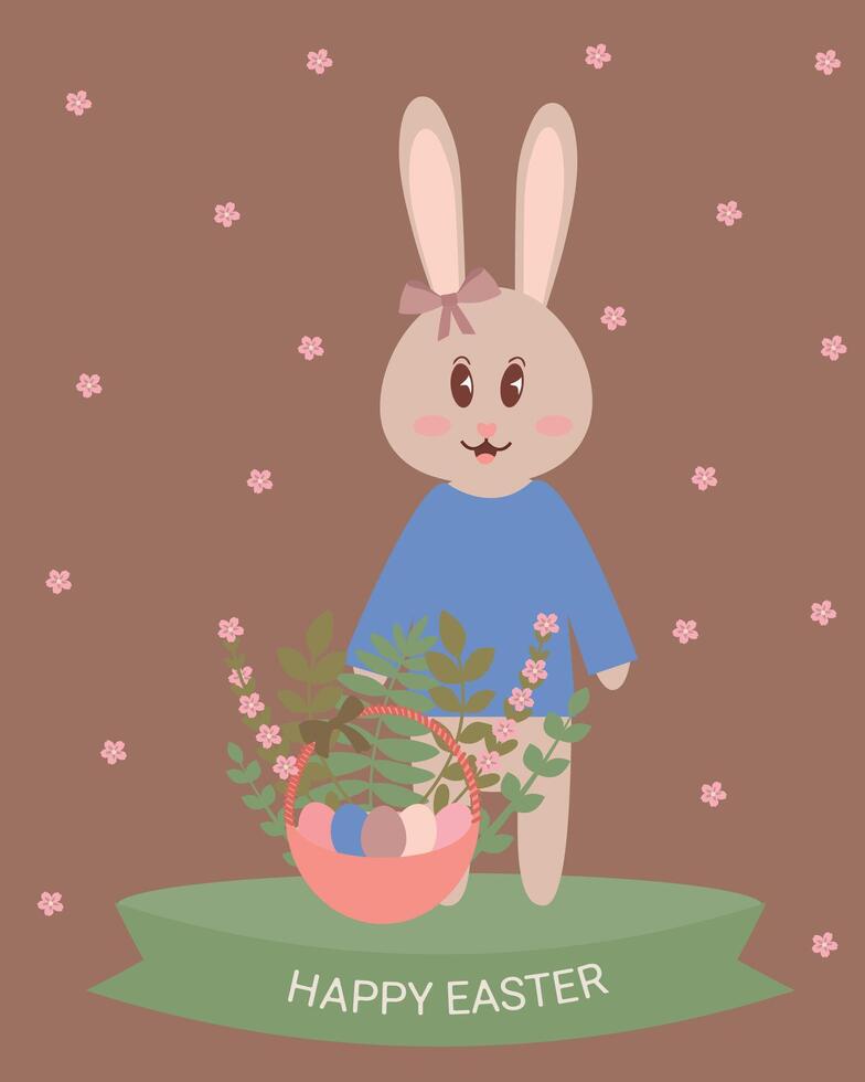 Happy easter illustration. Easter poster with bunny, basket, colorful eggs and flowers. illustration on mocha mousse background. vector