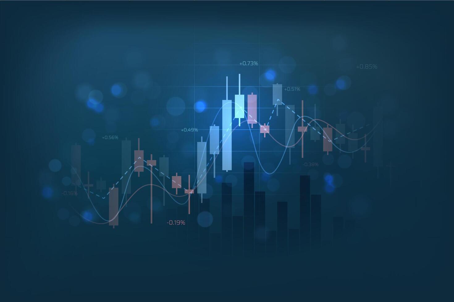 stock market candlestick chart pattern design with different indicators on blue background, business financial growth vector