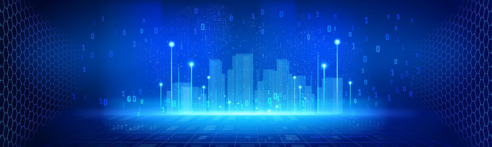 blue abstract digital city technology background with binary number system and digital world map, security, technology, financial, business vector