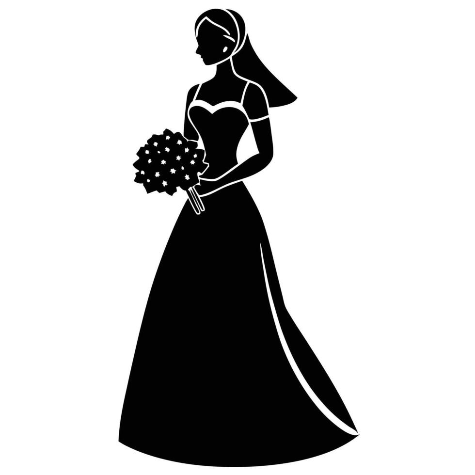 Bride Holding Flowers Silhouette on White Background vector