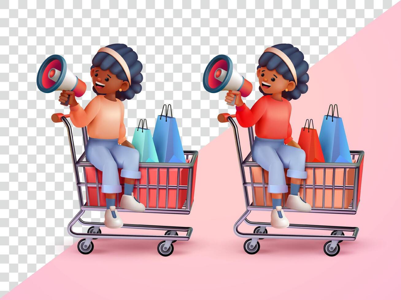 Woman sitting on trolley holding megaphone. 3d suitable for, promotion, advertising and design elements vector