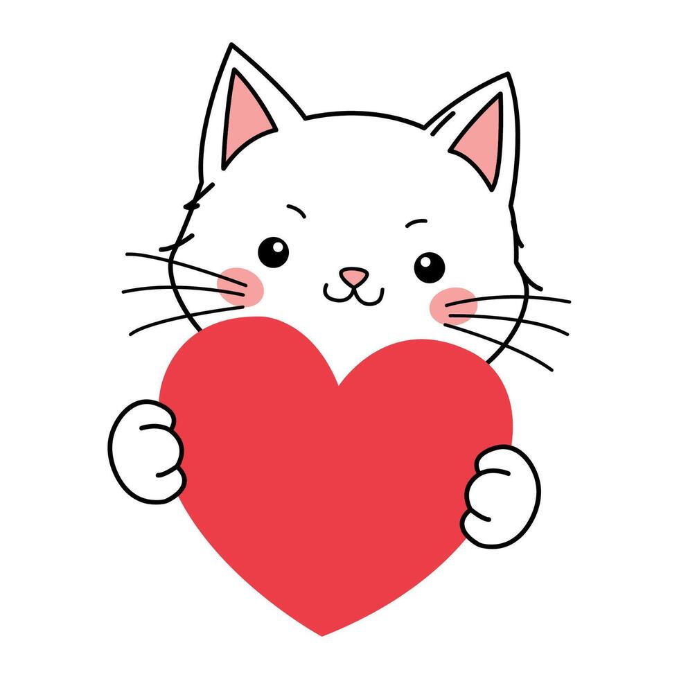 Cute little cat with red heart Valentines day doodle illustration vector