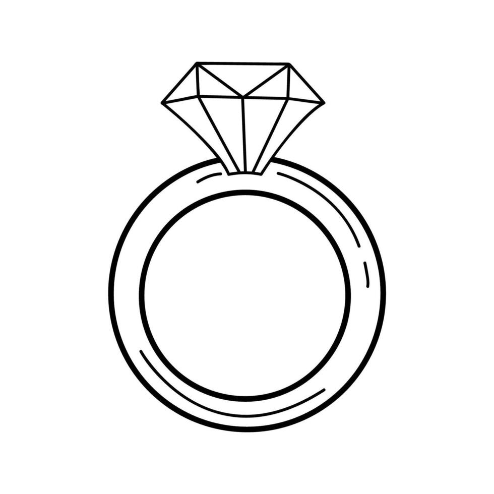Hand drawn sparkling wedding,engagement ring flat icon isolated on a white background. Valentine s day concept icon. Doodle diamond ring. vector