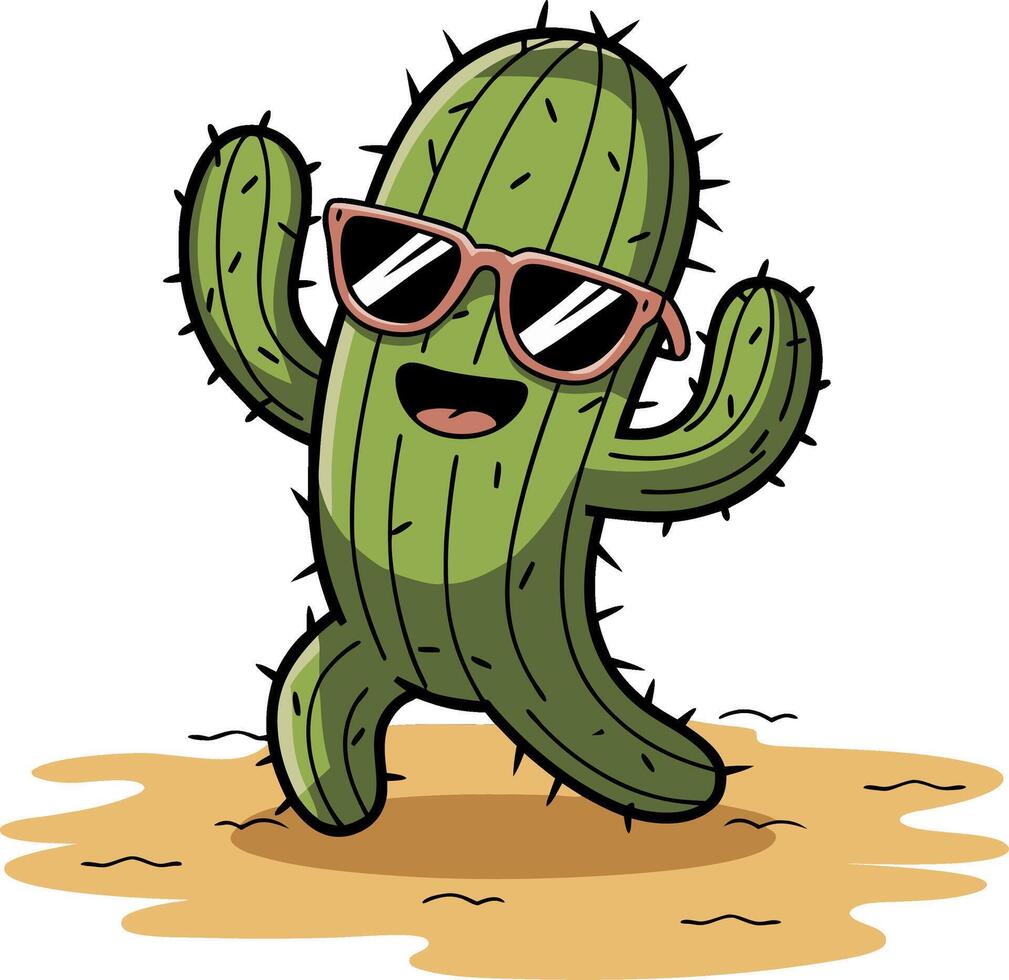 Cheerful Cartoon Cactus with Sunglasses Dancing in Desert Art vector