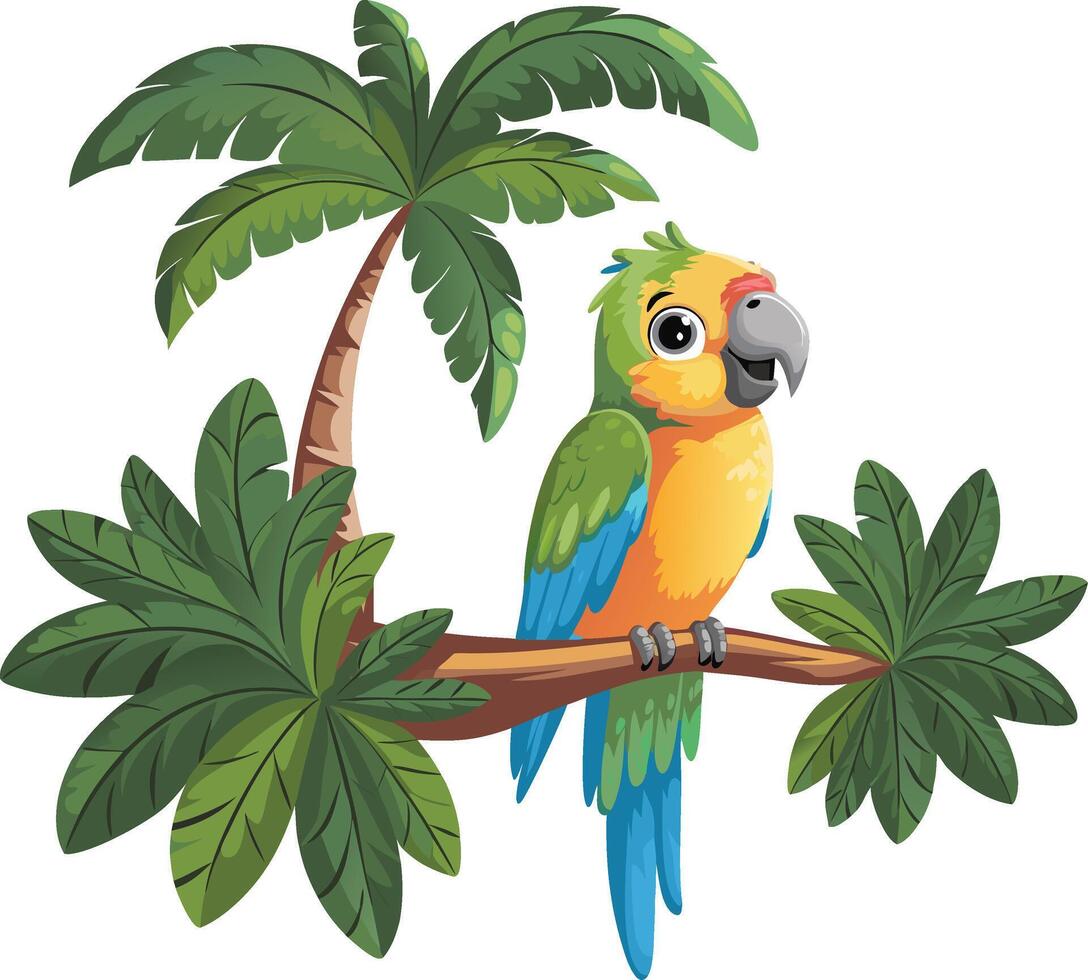 Colorful Parrot on Tropical Palm Branch Cartoon Illustration vector