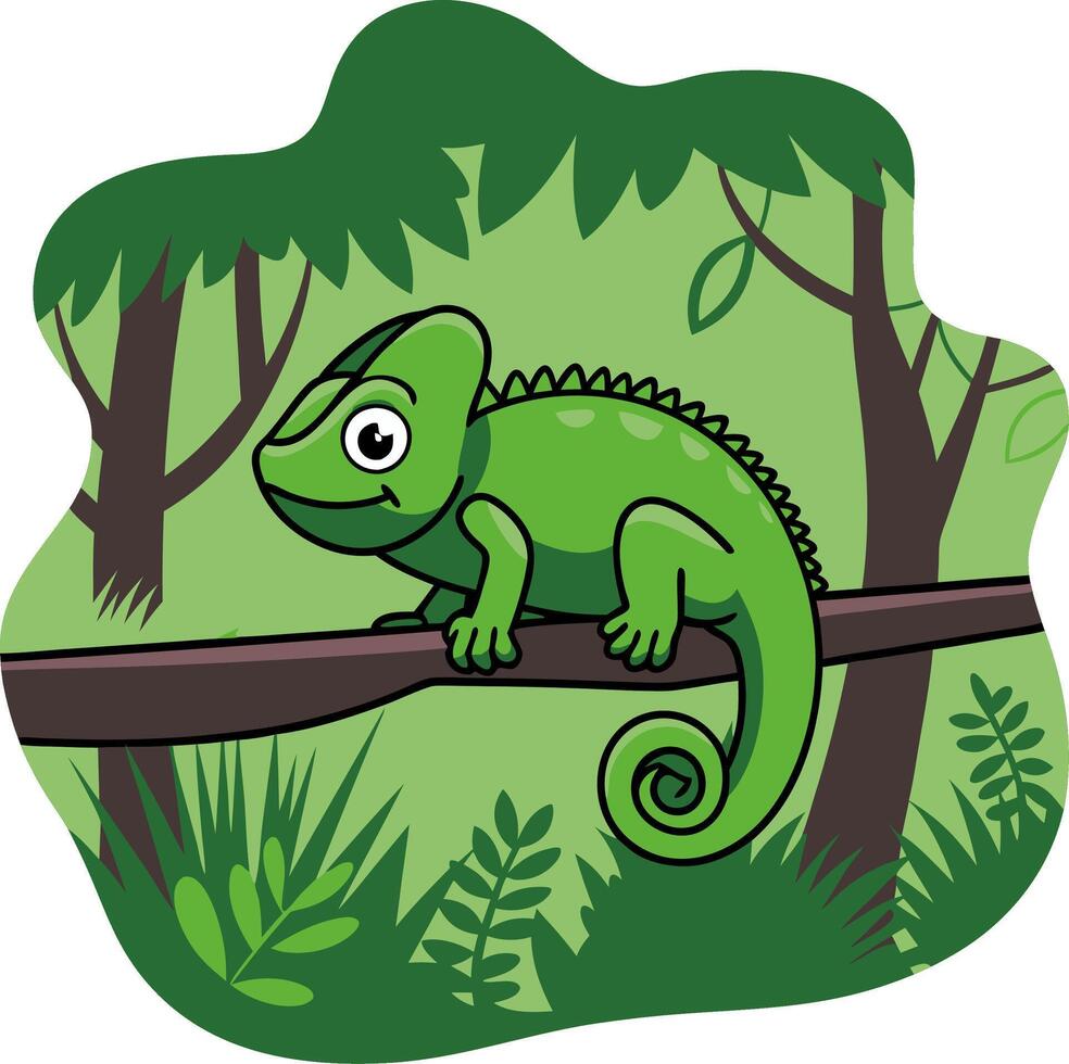 Charming Green Chameleon Cartoon in Lush Jungle Illustration vector