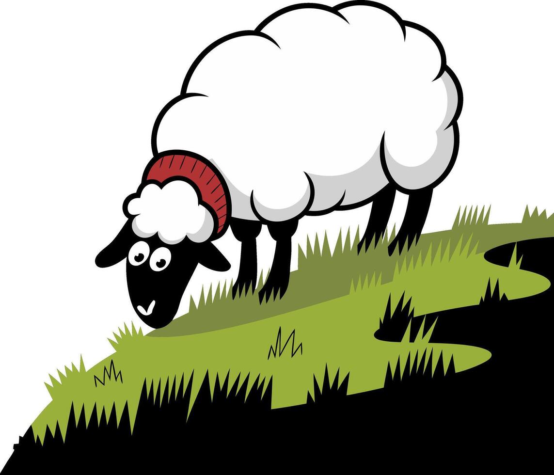 Cartoon Sheep Grazing on Green Hilltop Illustration vector
