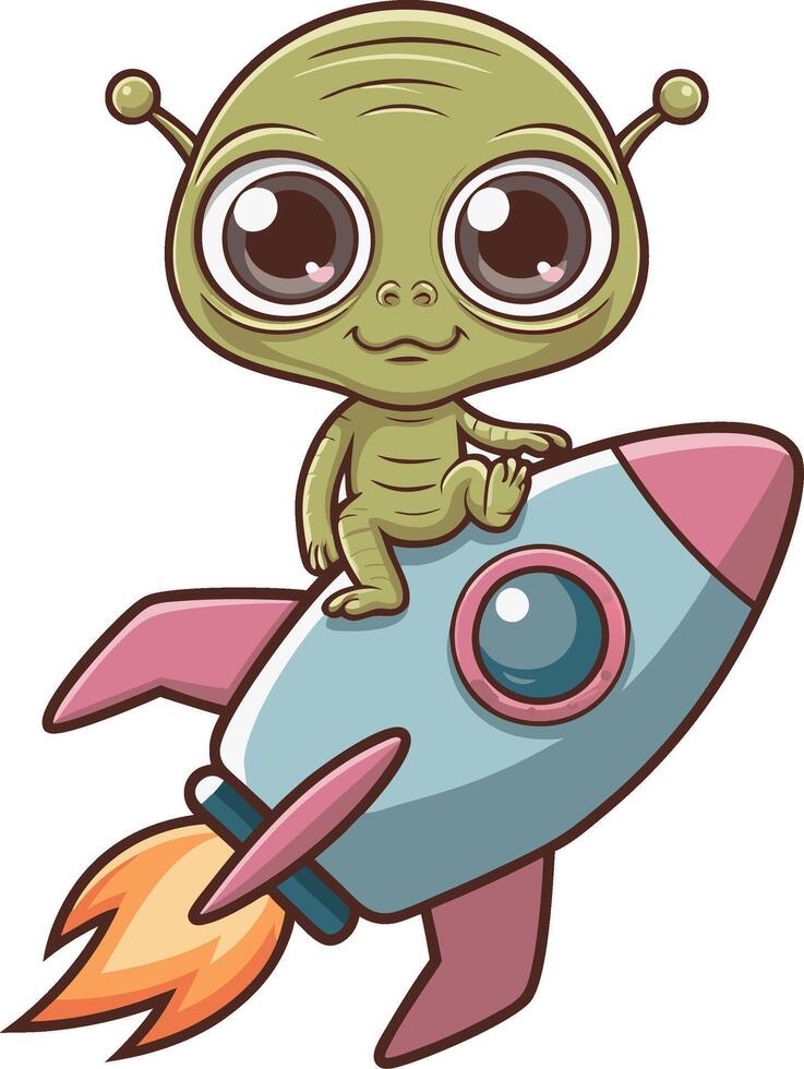 Cute Alien Character Riding a Rocketship Cartoon Illustration vector