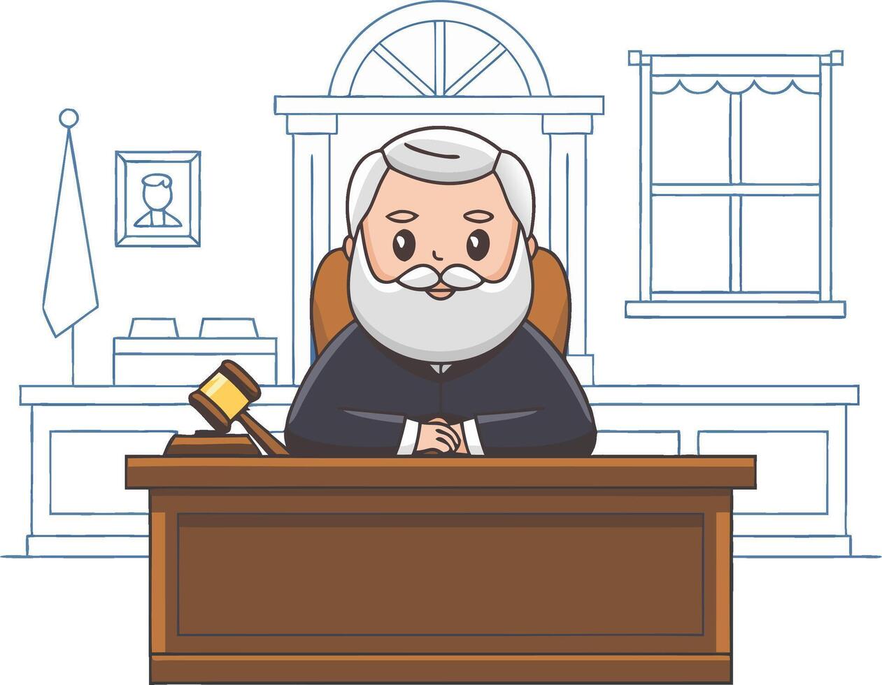 Cartoon Judge Sitting at Desk in Courtroom with Gavel Illustration vector