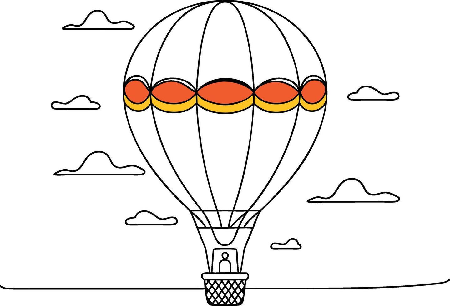 Colorful Hot Air Balloon Line Art Floating Among Clouds Illustration vector